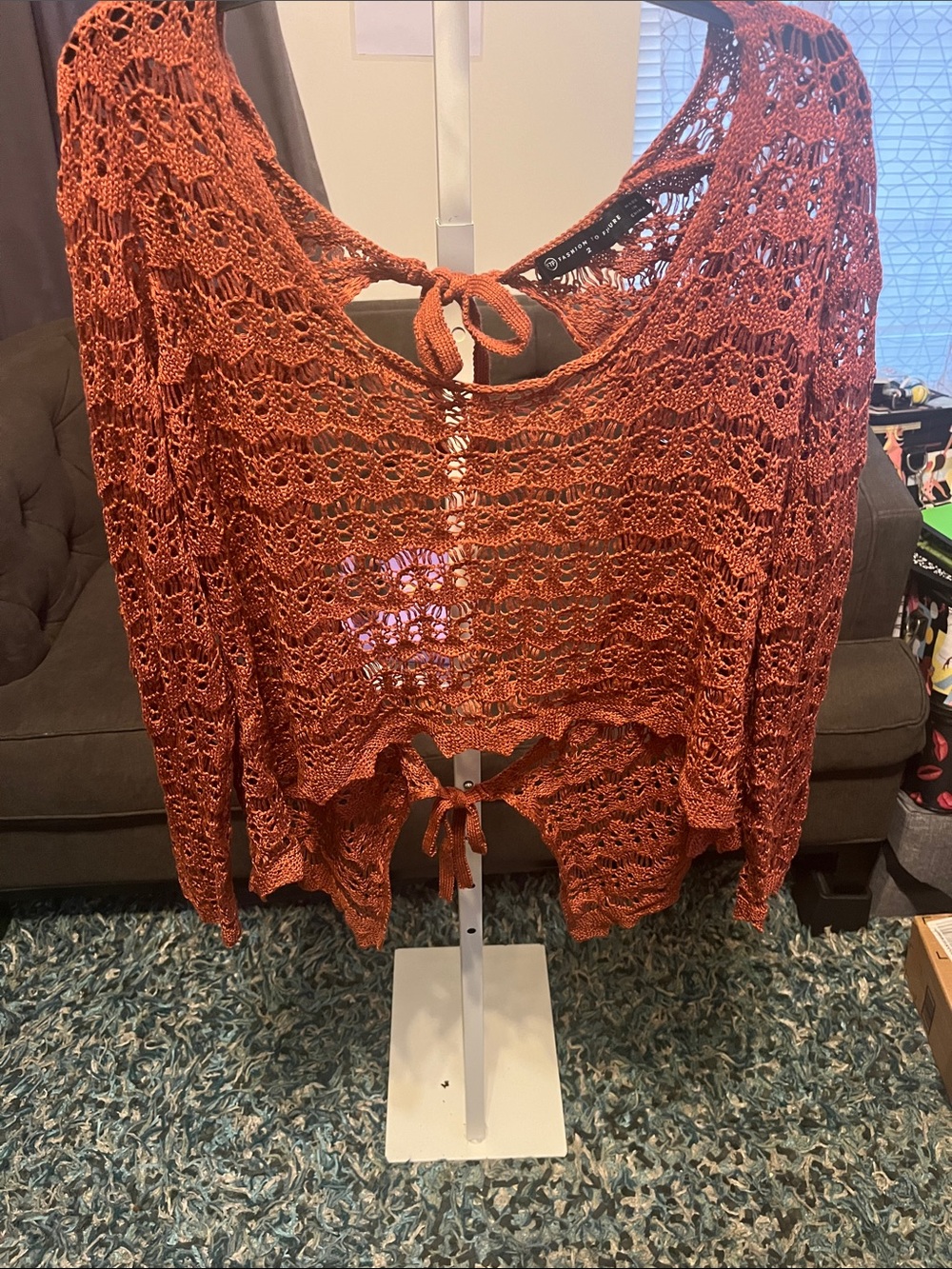Fashion to Figure Open-Knit Tie-Back Women's Top in Rust